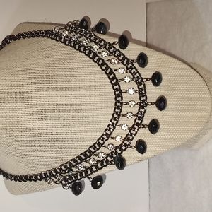 Black metal necklace with clear rhinestones and iridescent balls